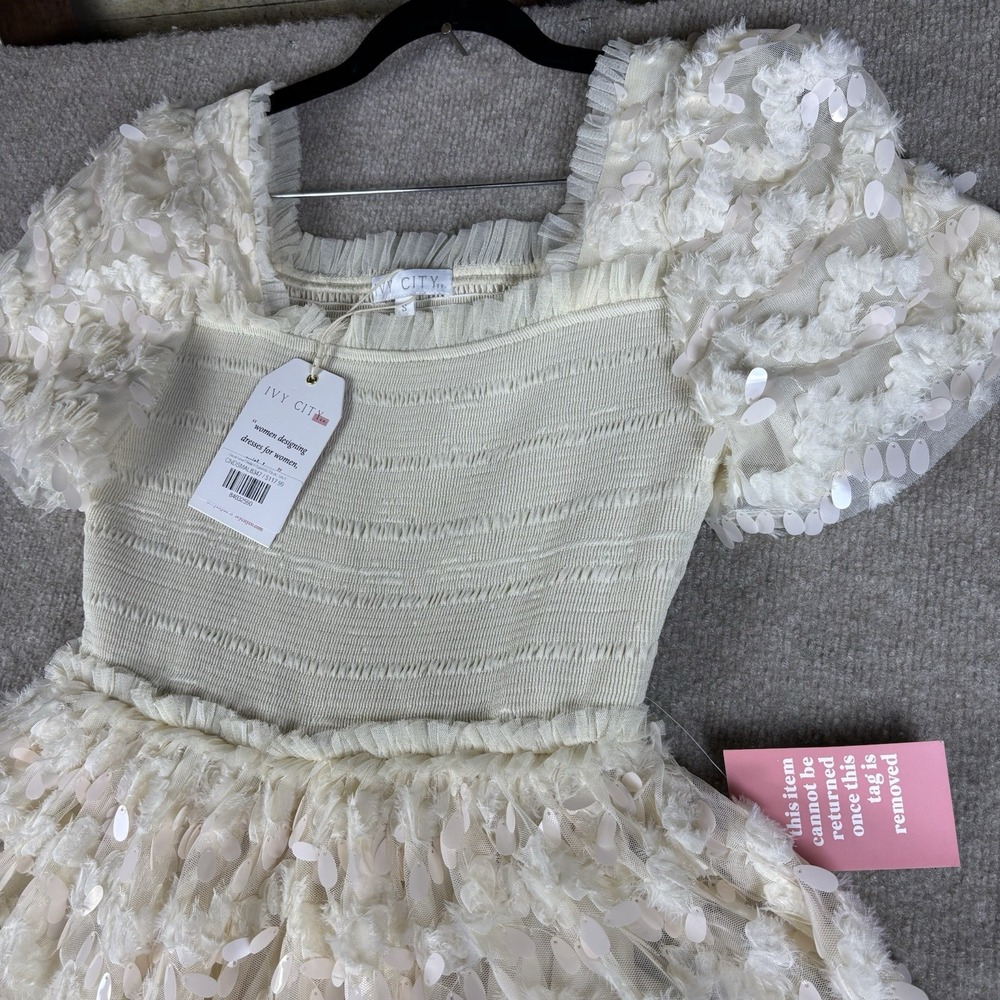 Ivy City Co Cloud Nine Sparkle Dress Ivory Sequin Smocked Maxi Women's S NWT - Picture 11 of 16
